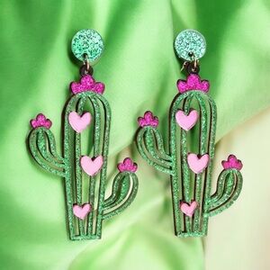 Cactus with pink hearts acrylic CLIP-ON earrings‎
